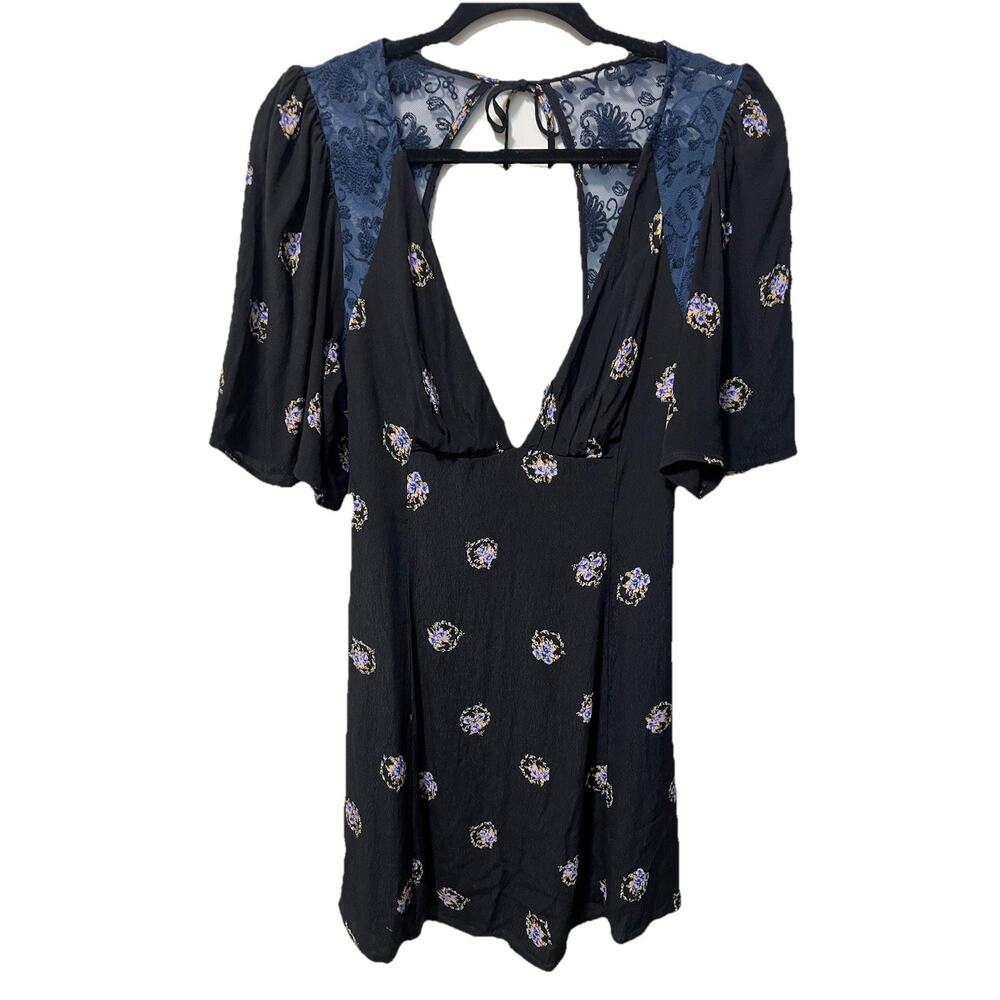 Free People Mockingbird Floral Print Black Embroidered Mini Tunic Dress Size 8 - Picture 2 of 8